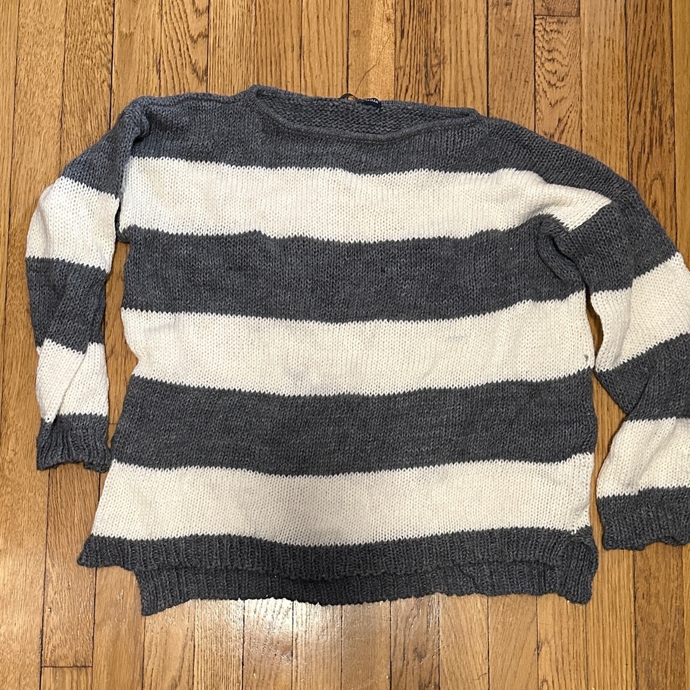 Brandy Melville Gray and Cream Oversized Striped Sweater